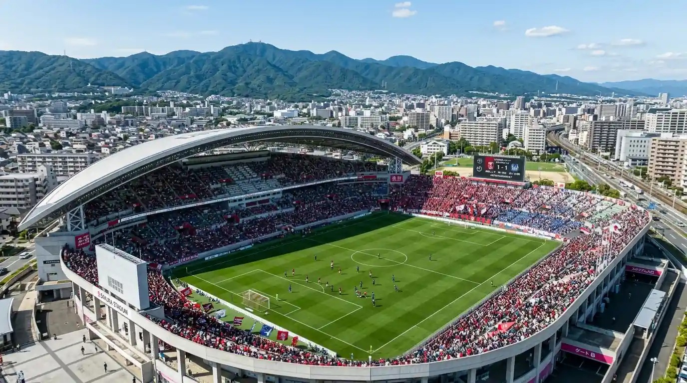 Estadio de la J-League durante un partido de fútbol japonés con afición en las gradas